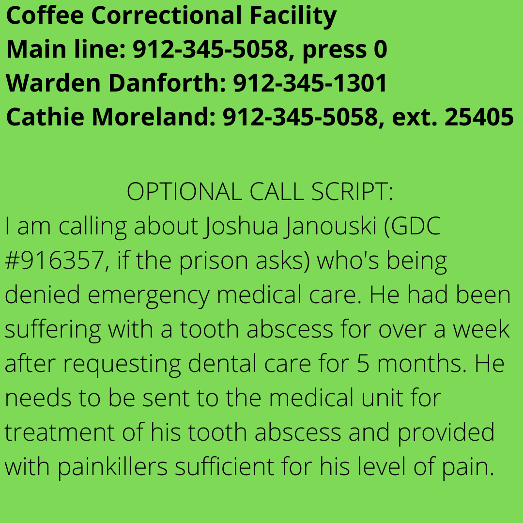 No_Cop_Zone's tweet photo. Joshua Janouski from Warner Robins, GA is being denied medical treatment in Coffee prison. Please retweet and way more importantly: CALL! <3 @prisonskill @AtlantaIWOC @SolUnderground @CommunityMvt @Mama_Fund @mainlinezine @atlanta_press @endstateatl @darcatl @atlmadrelief https://t.co/XuPljr0dl7