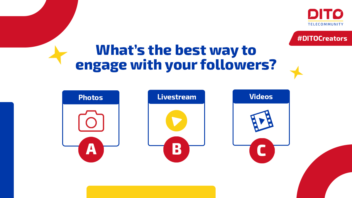 DITOphofficial's tweet photo. We all have our ways to keep our followers engaged. Which type of content do you like to share the most?โ ๐ค๐ธ๐๐ฝโโ๏ธ
#DITOTelecommunityโ #DITOph #DITONaKami #DITOCreators https://t.co/3hLsX9inl3