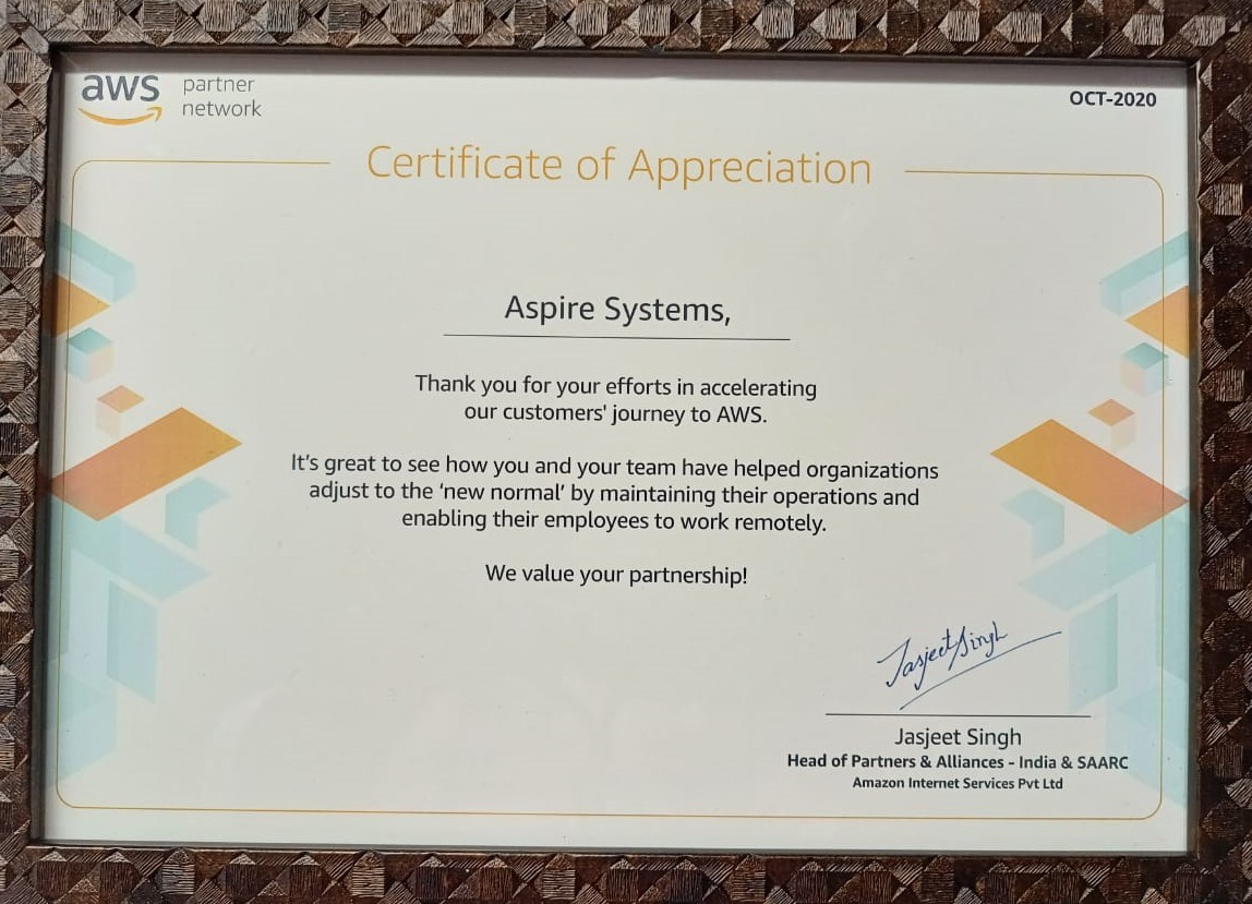 AspireSystems's tweet photo. We are delighted to receive a token of appreciation from our #cloud #partner, Amazon Web Services (@AWS) for our efforts in accelerating their #customers’ journey to the #AWS #Cloud.
@AWS_Partners #AWSCloud #AmazonWebServicesCloud #AWSMigration #AWSPartner #CloudSecurity https://t.co/RR2HDZ413I