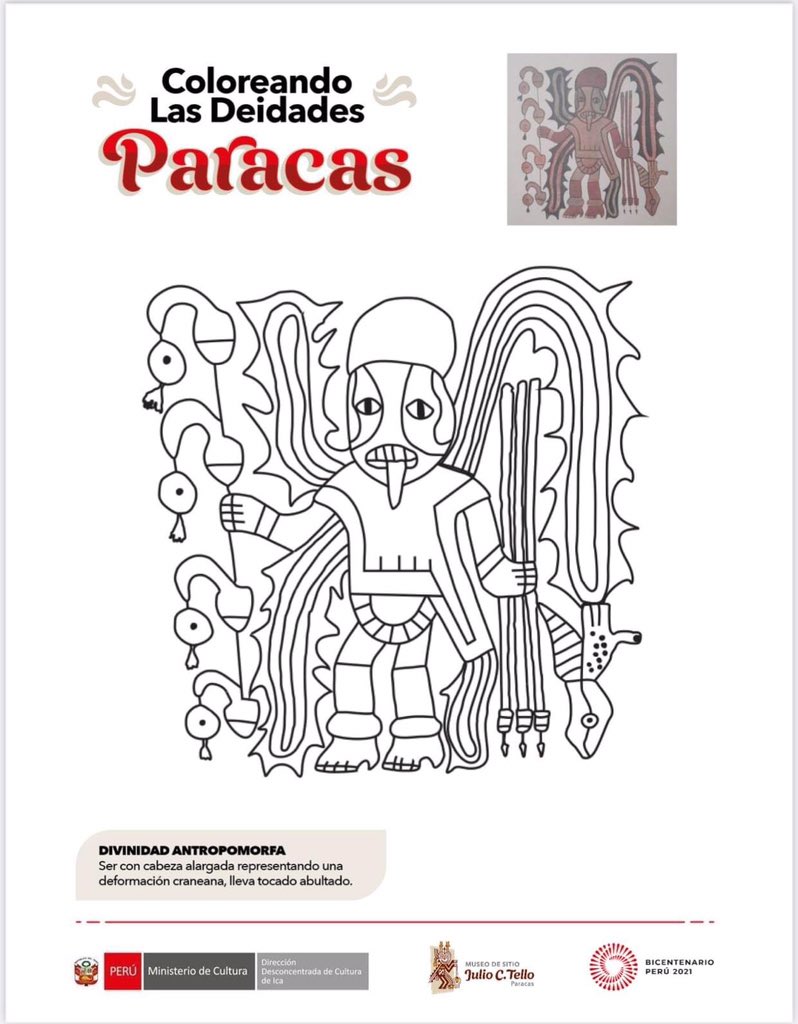 MParacas's tweet photo. ¡Actividad preparada para ti!
"Coloreando la Deidad Paracas": lee su descripción, para que conozcas un poco más de las deidades y puedes colorearlas a tu libre imaginación o siguiendo la imagen de referencia.Puedes imprimirla. 🥳🥳🥳
 #MuseosEnLínea #Paracas #MSP https://t.co/nCxDLj2h0G