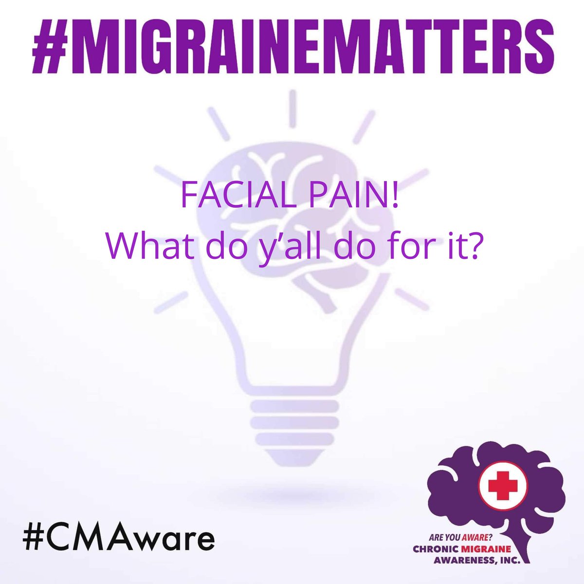 CMAware's tweet photo. #MemberQuestionOfTheDay #QOTD #MigraineMatters #CMAware #NotAlone 
 
FACIAL PAIN!  What do y’all do for it? https://t.co/r2Z5icuiQe