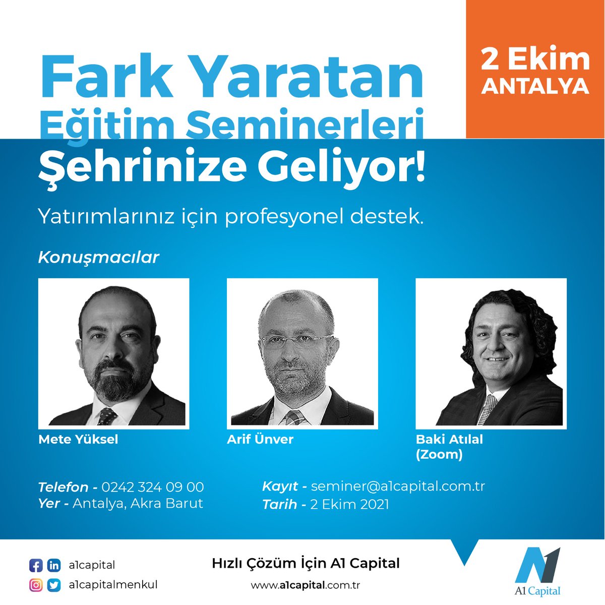 murdembag1's tweet photo. Ücretsiz, interaktif seminerler 2 Ekim Cumartesi günü #Antalya'dan başlıyor! #A1capital #borsa #hisse #yatırım #akrabarut https://t.co/g3BxJn6L5V