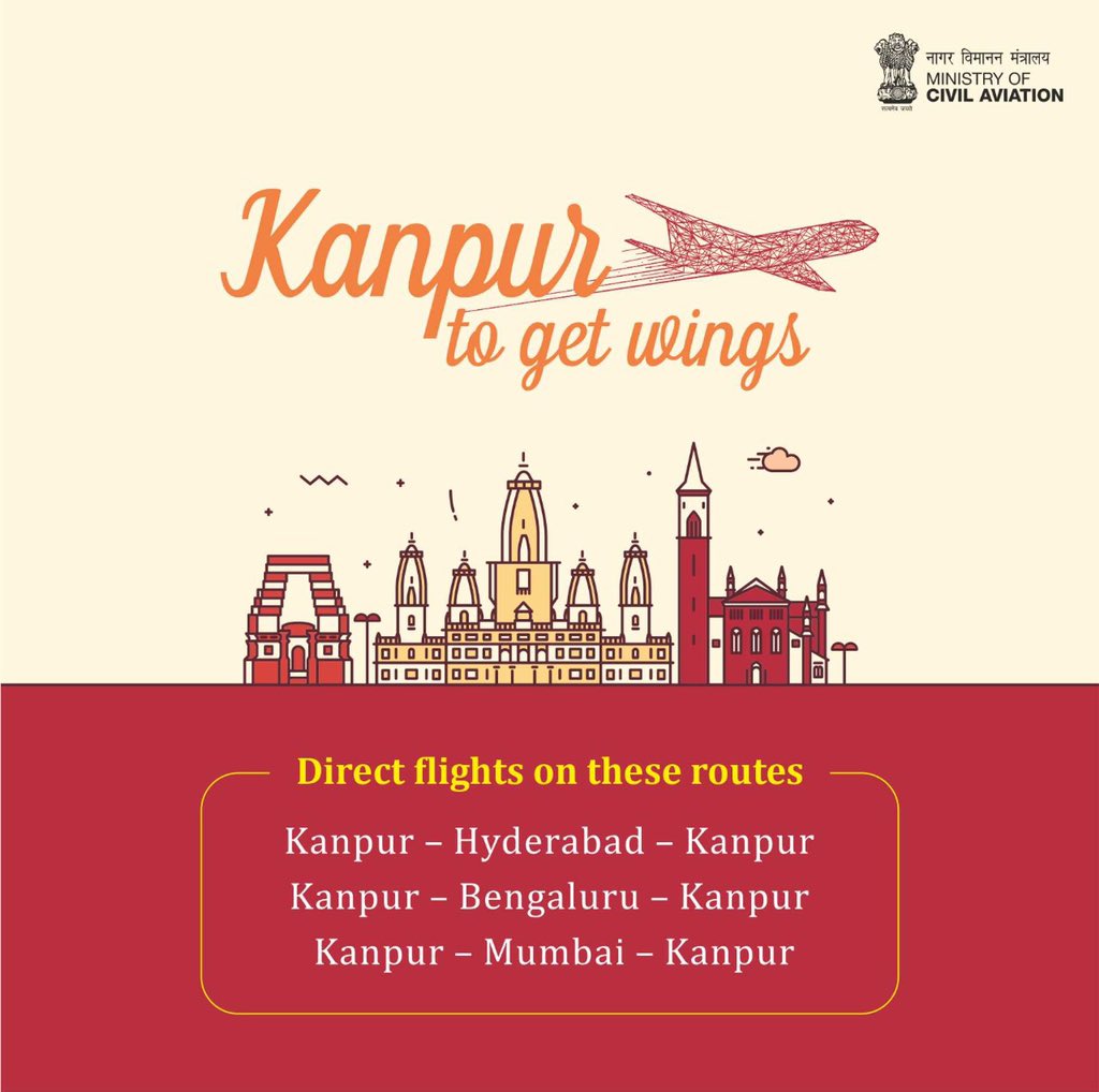 JM_Scindia's tweet photo. कानपूर वासियों के लिए बड़ी सौगात! @IndiGo6E के सहयोग से कानपूर को मुंबई, हैदराबाद और बेंगलुरु महानगरों से हवाई सेवाओं द्वारा 1 नवंबर को जोड़ा जा रहा है। यात्रियों के लिए सुलभता के साथ-साथ, ये महत्वपूर्ण सेवाएं कानपूर के लिए आर्थिक विकास के नए अवसर लेकर आएँगी। https://t.co/jMXBFXyfGV