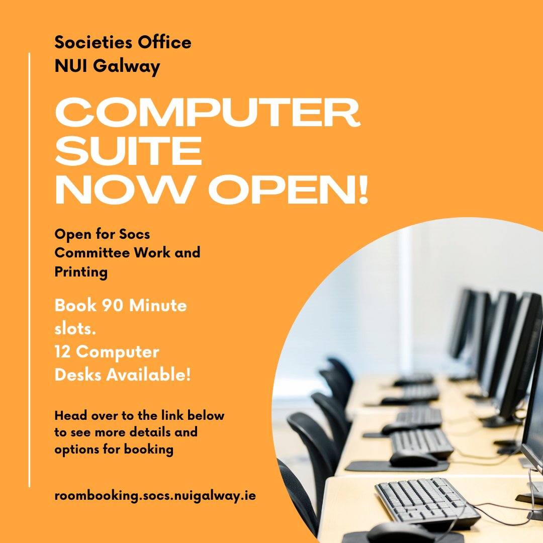 GalwaySocsBox's tweet photo. Committees can return to the Socs PC suite - nature is healing!
Located behind the SocsBox Office, committee members can now book into the PC Suite through https://t.co/8gWJsbGZAm for 90 minute slots to get society work and printing done.

#NUIGSocs #NUIGWhatsOn https://t.co/FMN0EJCsgb