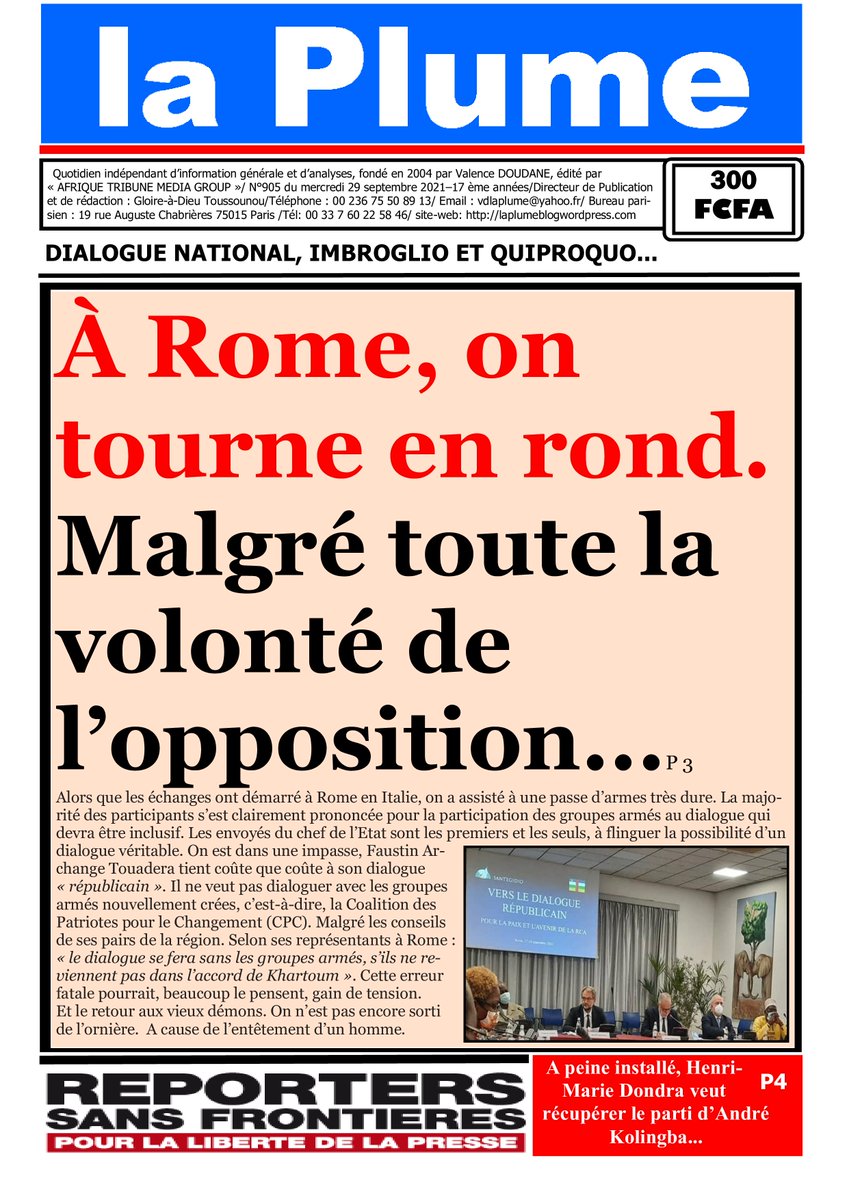 CiBaroud's tweet photo. La Une du journal "la Plume" N°905 du mercredi 29 septembre 2021.... https://t.co/1XMGXF7MmT
