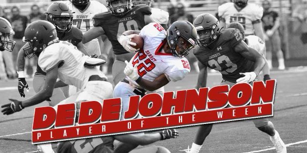 searcyfb's tweet photo. Dede Johnson was the Julian Heat &amp; Air Player of the Game last week against Sheridan.
#22 rushed for 305 on 24 carries with 6 trips to the zone!  #beastmode              @zclark730 @DedeJohnsonJr9 @CoachAshSearcy @CoachWeddle_SHS @dbyrd_atc @mcfarlandrb https://t.co/7GAnl93hR8