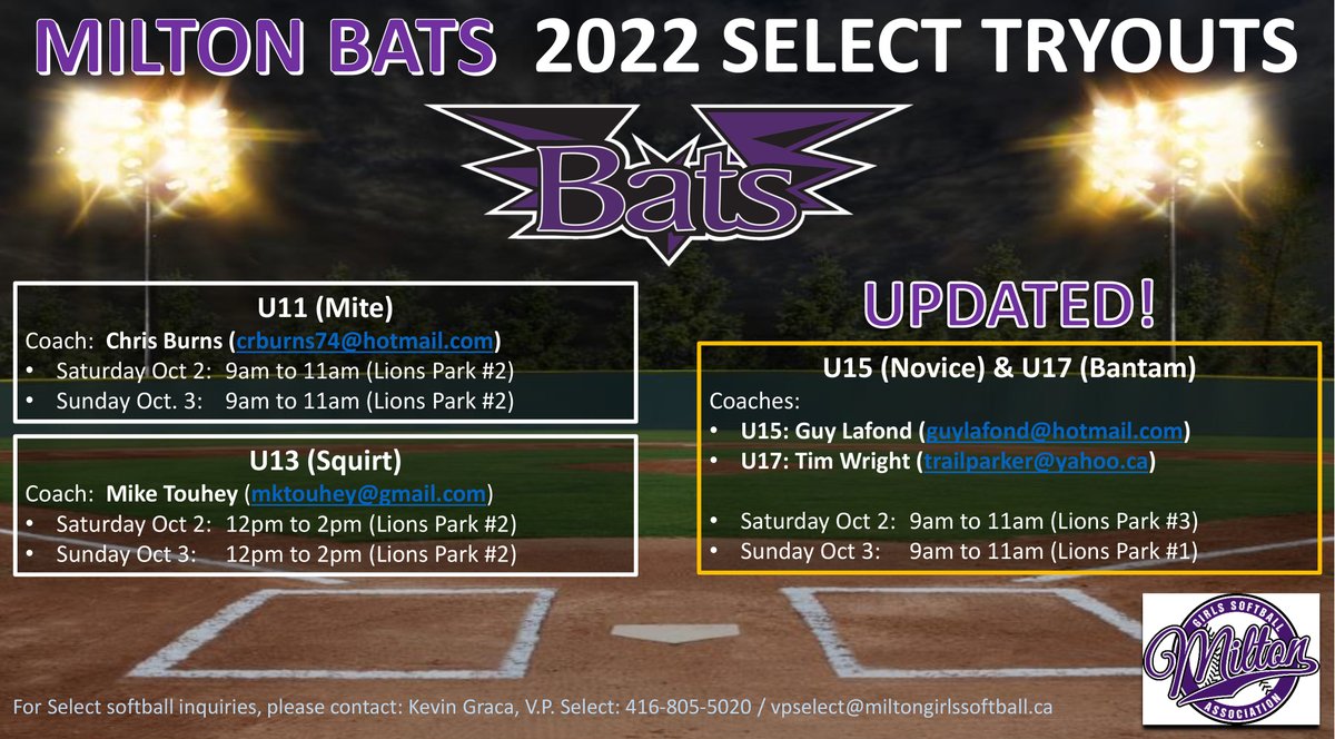 miltongsoftball's tweet photo. 📣 UPDATED - SELECT TRYOUTS 📣

kindly note that Bantam and Novice tryouts are now running concurrently.

Click the link below to register
https://t.co/wR9LYn0fuW https://t.co/6P5ecZ6y6Y