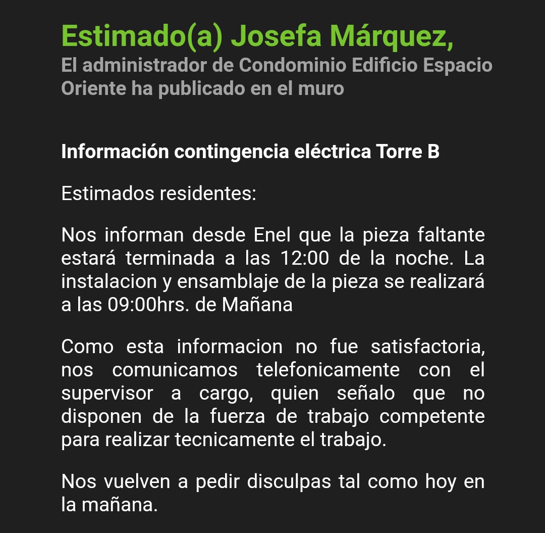 JosefaPepaa's tweet photo. Este mensaje de administración es de ayer 28-09. Hoy 29-09 siendo las 10am seguimos SIN LUZ. Es el TERCER DÍA sin luz! Esto implica que no puedo siquiera cocinar, hasta ayer no tenía agua porque todo funciona con luz. @EnelClientesCL no se hace responsable!! #vicuñamackenna1207 https://t.co/j92UGcdDOe