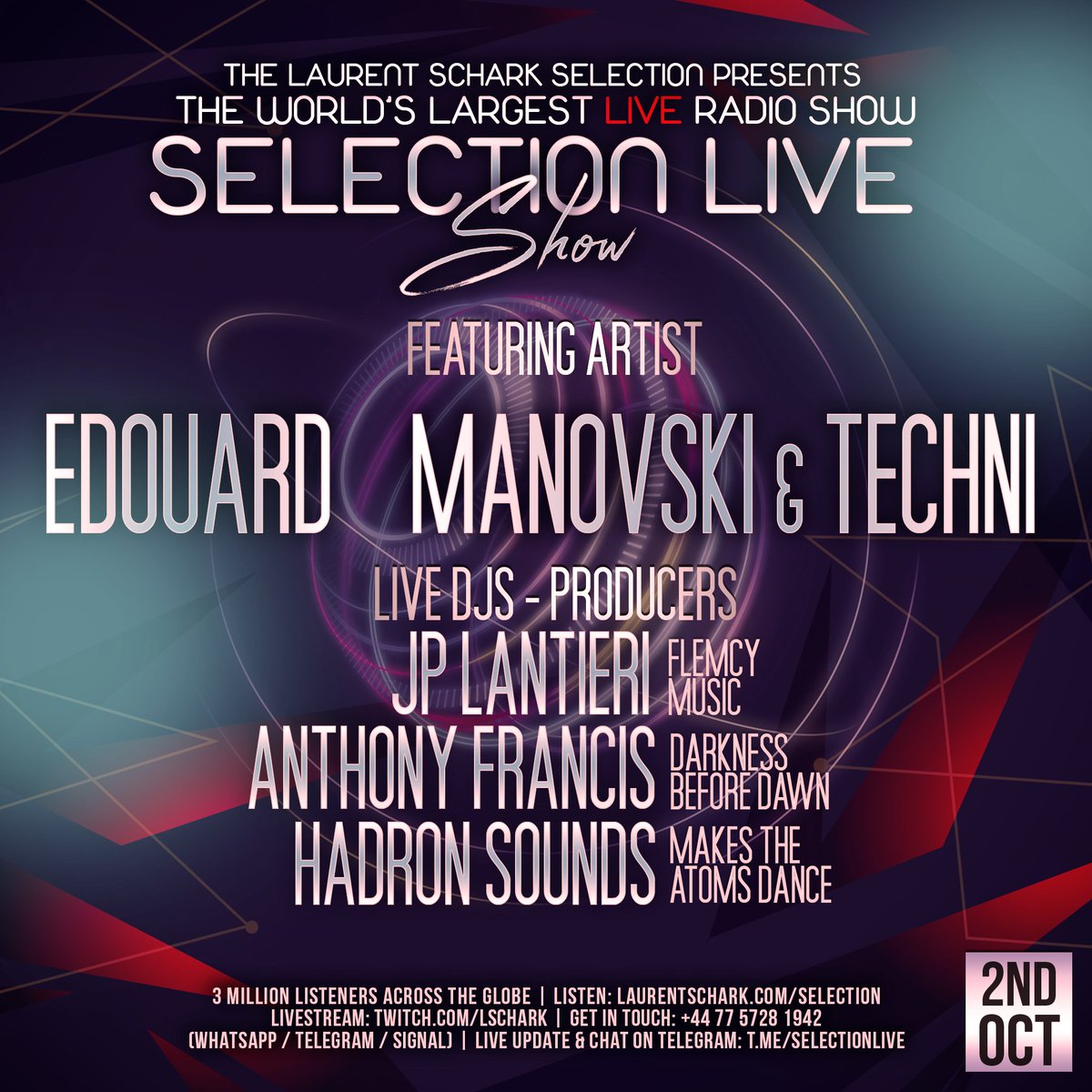 IN ONE HOUR!
#selectionliveshow
Listen: laurentschark.com/selection
Watch: twitch.tv/lschark
To get live updates and chat with us: t.me/selectionlive
With:
<a href="/EdouardMusic/">EDOUARD</a>
#manovskiandtechni
<a href="/jplantieri/">JP Lantieri</a>
<a href="/Hadronsounds/">Hadron Sounds</a>
<a href="/AFrancis_DJ/">Anthony Francis</a>
More info: facebook.com/events/3755344…