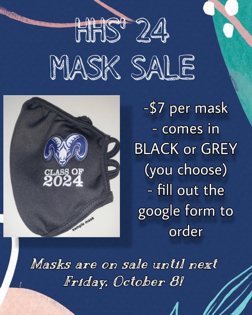 hightstown2024's tweet photo. Hi! The Hightstown class of 2024 is having their mask sale fundraiser. Its a great way to support the sophomores while getting a stylish and protective mask! 
The link to order (it can also be found on the class of 2024 google classroom and instagram): 

https://t.co/CuykHRMiuu https://t.co/7LKv8GKHNi