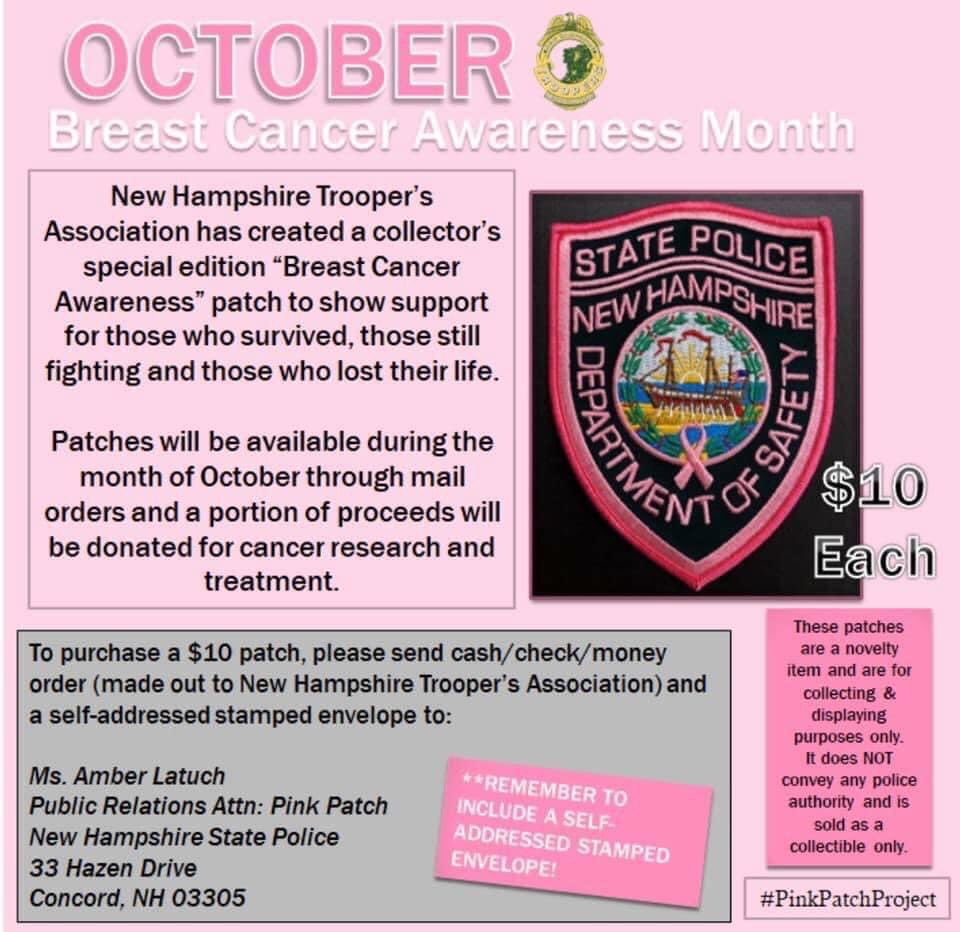 NH_StatePolice's tweet image. In honor of #breastcancerawareness, starting in October, the NH Troopers Association has a special edition patch available for purchase! 💕 

#pinkpatchproject #pinkpatch #NHSP #breastcancer #breastcancerawarenessmonth