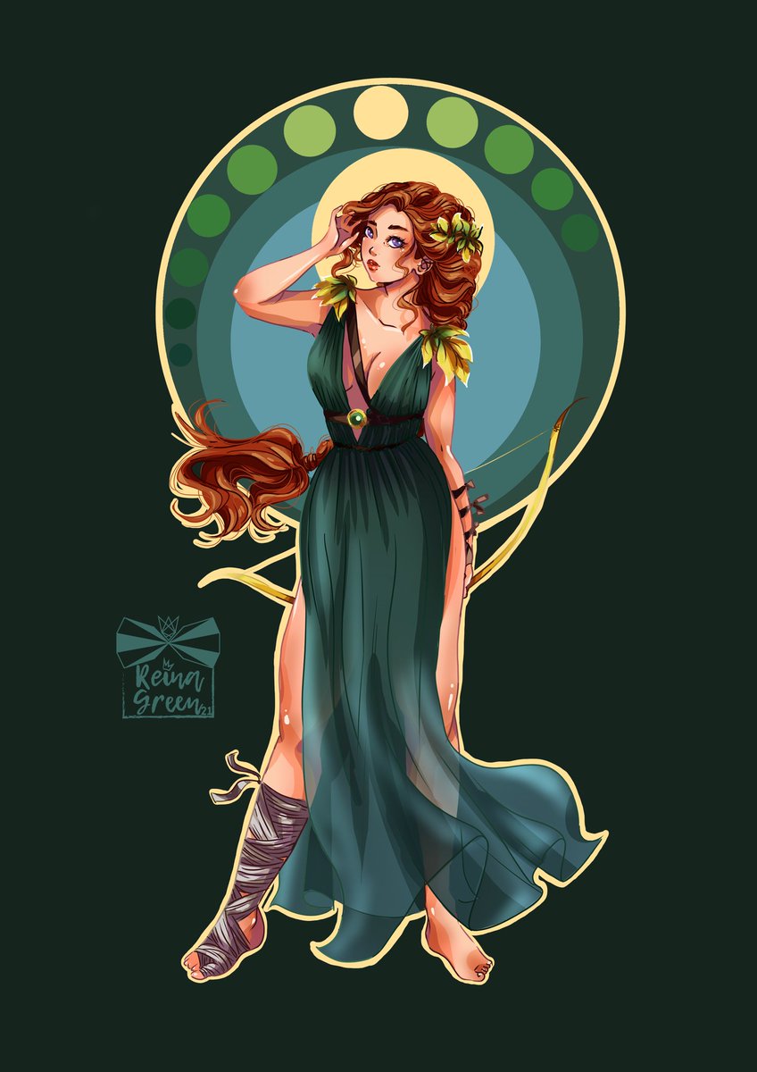 Reinyagreen's tweet photo. Última ilustración del challenge #godsof_olympus, una Artemisa con bastantes vibes a Mérida inspirada en el moodboard de @MahouShoujoMeri y lo termino súper contenta con el resultado💖 https://t.co/lvZtR3lyry