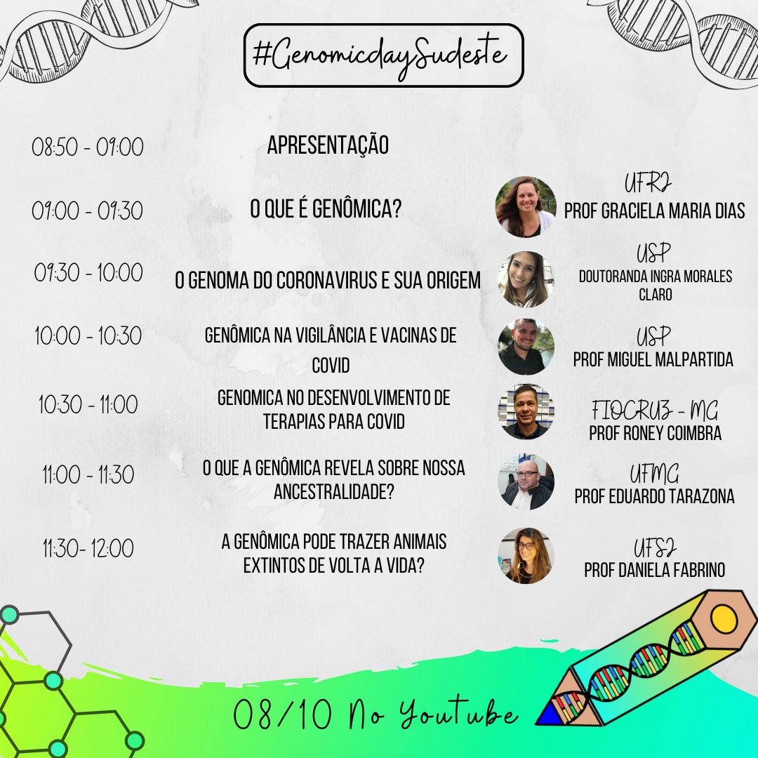 genomicday's tweet photo. O programa científico do #GenomicDay Sudeste já está disponível: sexta 8/10 pelo canal no #GenomicLab no YT:
https://t.co/jAntP0rby2
@CienciaHoje, @agencia_fiocruz, @iserrapilheira, @unescomvdo, @EspacioOEI, @usponline, @ufsjbr, @ufmg,@IF_RJ, @cefet_rj, @cp2dazuera, @unifavela https://t.co/8kmed8Tzhd