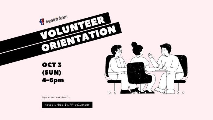 ffreethinkers's tweet photo. Filipino Freethinkers Volunteer Orientation - Sign up now! https://t.co/tfmc0gfkBb https://t.co/p8Y4bu4LQs
