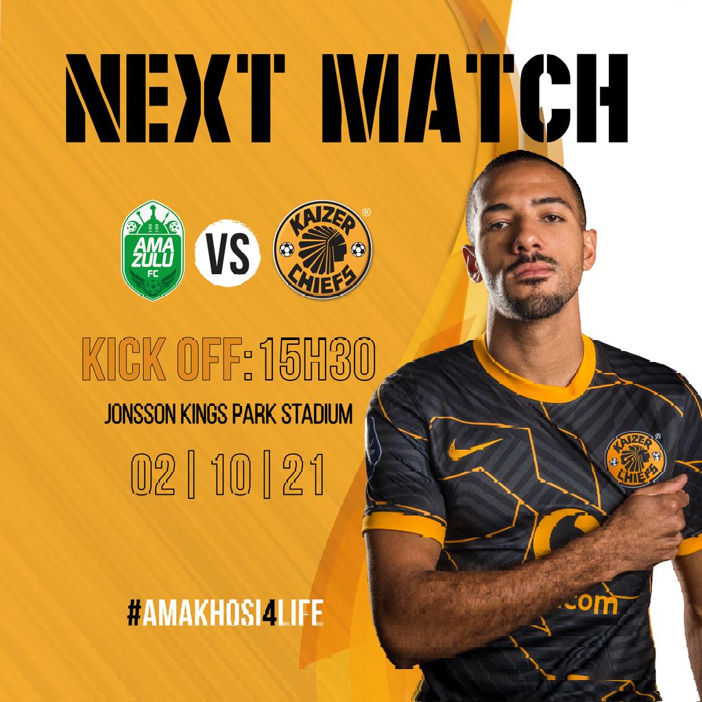 Next Kaizer Chiefs Match!

🏆#DStvPrem
⚽️AmaZulu vs. Kaizer Chiefs
👕First Team
🗓️Saturday 02 October 2021
🏟Jonsson Kings Park Stadium
🕞15h30
📺SuperSport PSL 202
📢No supporters are allowed inside or just outside the stadium 

#Amakhosi4Life