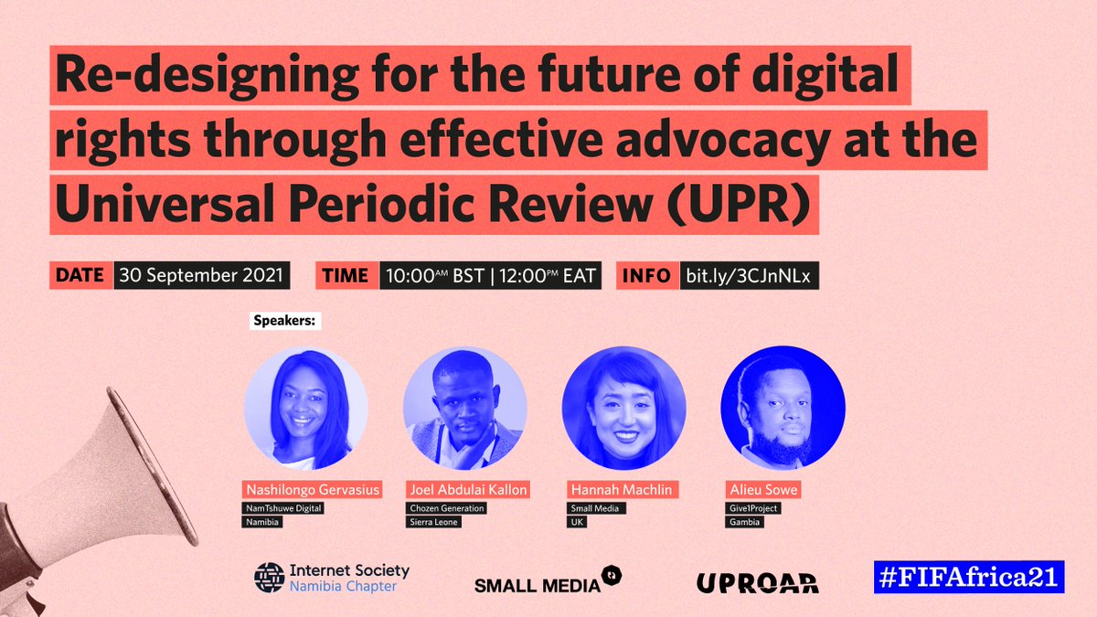 uproar_fyi's tweet photo. 📣 Introducing our speakers for #FIFAfrica21: 
@Nashilongo 🇳🇦
@KallonJoel 🇸🇱
@HannahMachlin 🇬🇧
@badarapullo 🇬🇲

Join us on tomorrow at 12PM EAT to hear them speak at our session, Re-Designing for the Future of Digital Rights Through Effective Advocacy at the UPR

bit.luy/3CJnNLx https://t.co/zU1KGeXq2e