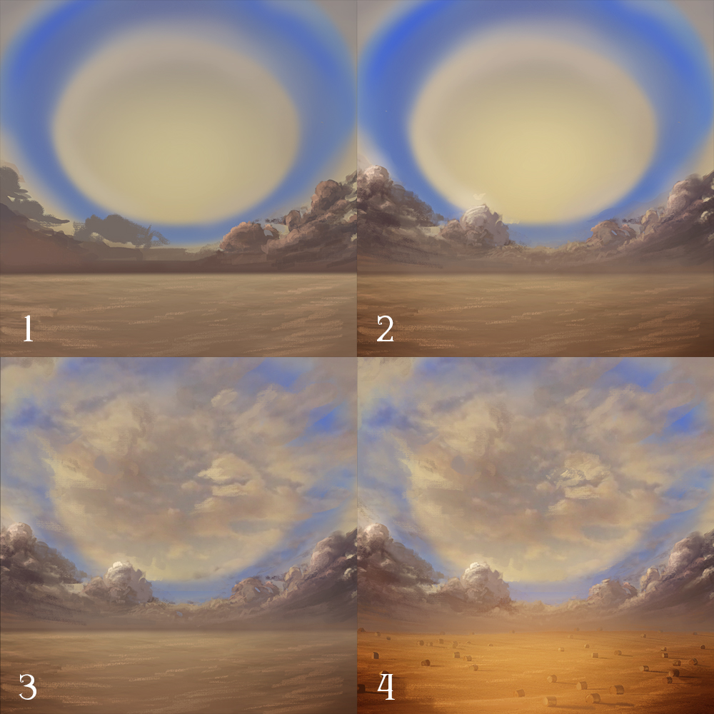 SurrealsNFT's tweet photo. Process for "Blue Ring Sky", another landscape background where the clouds are the main protagonist. As you can see, using digital media has its advantages! It allowed us to quickly add some warm tones to the scene and completely change its mood near the end. https://t.co/FhsJqlKbOZ