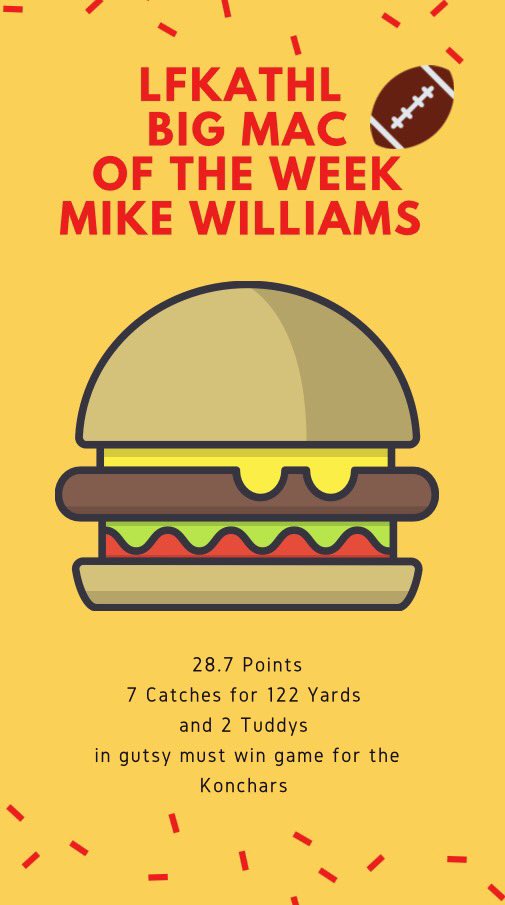 TheLFKATHFL's tweet photo. Special congratulations to Mike Williams on his Week 3 #LFKATHL @McDonalds Big Mac of The Week award for his gutsy performance and keeping The Konchars above water. https://t.co/pTh6RchEpB