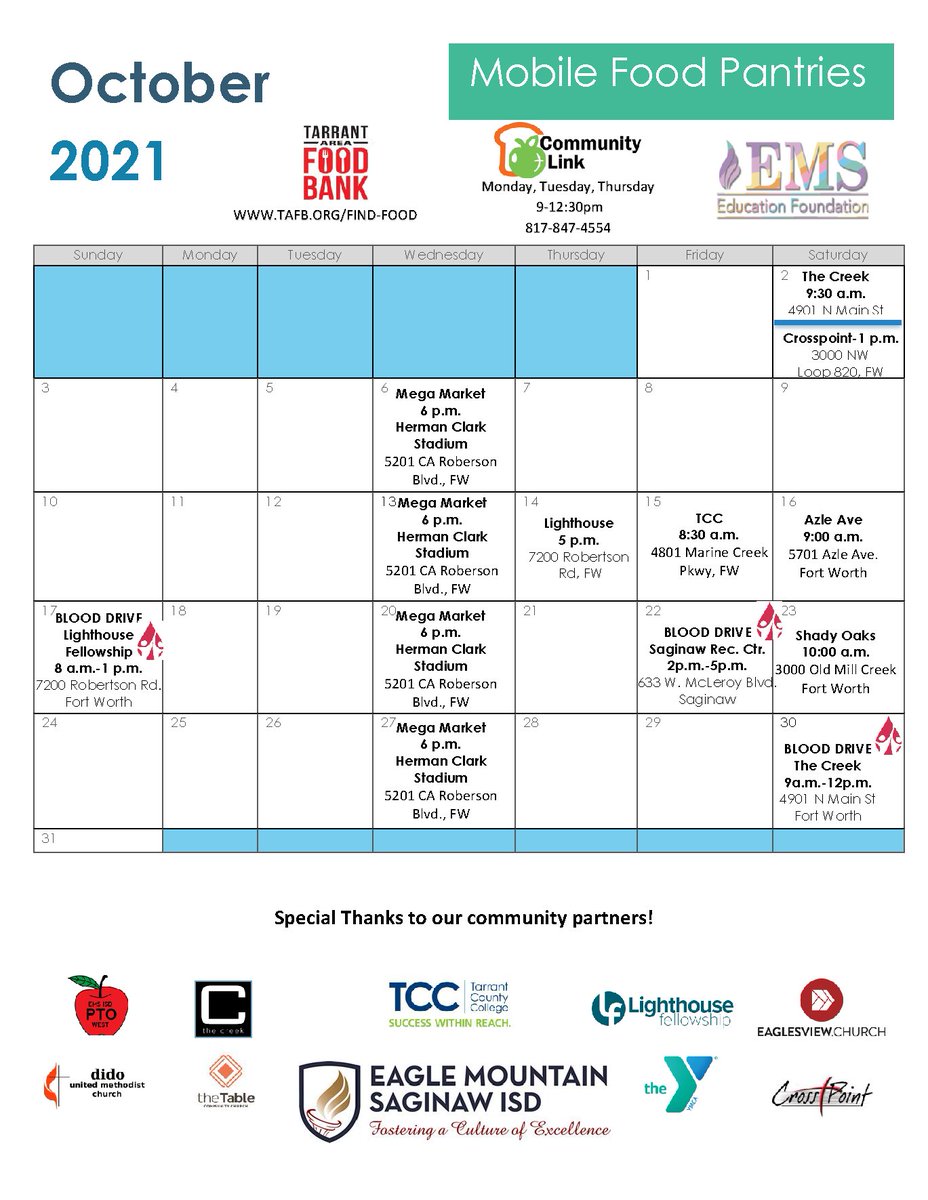 ***Please Share*** Tarrant Area Mobile Food Pantries October Calendar.
For ways to help our community find food security in these trying times, please keep this calendar of mobile food pantry dates on hand.
Serving the needs of our families and #BecauseWeCare 
#STRONGcommUNITY