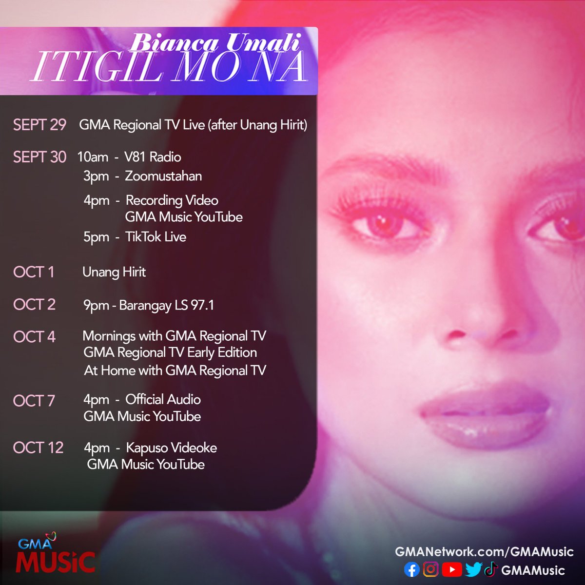 Sparkle_GMA's tweet photo. Celebrate the release of #LegalWives star #BiancaUmali's newest single by marking your calendars 📆 Catch her LIVE on these dates 😍 #BiancaUmaliItigilMoNa https://t.co/IXGP0T60Ge