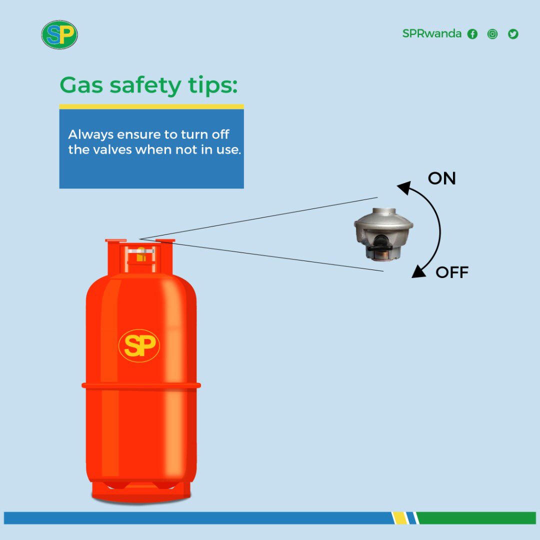 SPRwanda's tweet photo. Did you know that some common LPG-related accidents happen because you forgot to turn off the LPG valves? At SP, we advise you to always check the valves when not in use to avoid any type of gas leak. 

#SPGas #SPRwanda #SPGas
#StaySafe #LPG #GoGreen https://t.co/5pUZgHh3PL