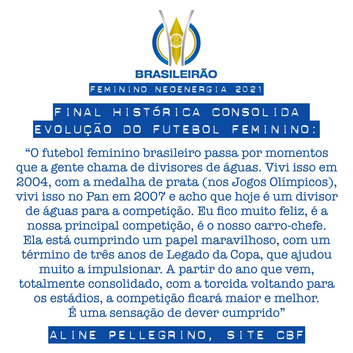 PelleAline's tweet photo. Novidade nas transmissões, audiência recorde, mais acordos comerciais e aumento de nível técnico. Passos sólidos.

O Brasileirão Feminino Neoenergia atinge um novo patamar na edição de 2021 @BRFeminino https://t.co/zCZ3QIayF7