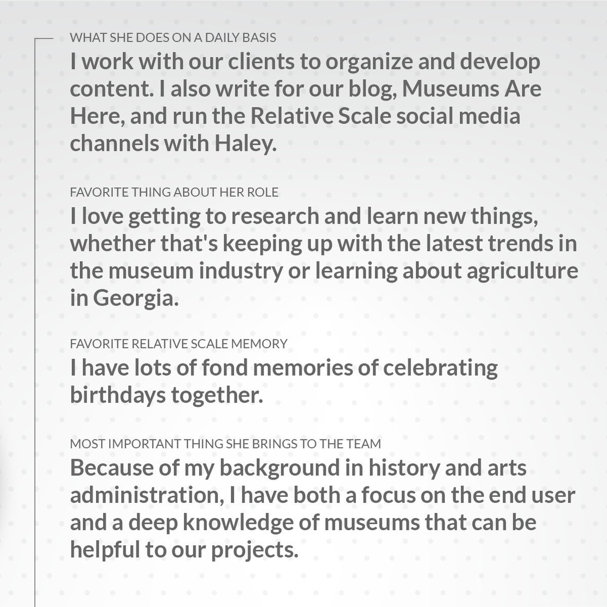 RelativeScale's tweet photo. Next up in our Meet the Team series is Writer/Producer Nicole Ackman! 📚🎞️👻 #meettheteam #producer #museums #designagency #relativescale @nicoleackman16 https://t.co/QC2Gqmaxas