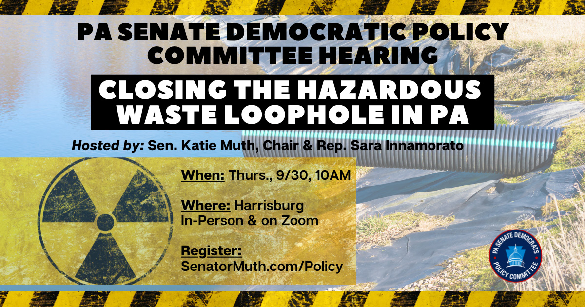 PaSenateDems's tweet photo. The #SenDemPolicy Committee will meet Thursday to discuss closing Pennsylvania's leachate loophole.

The hearing will be hosted by 
@SenatorMuth. 

To register for the hybrid online/in-person discussion, visit 
https://t.co/mUNPUapzWt https://t.co/Ikir4RWhYk