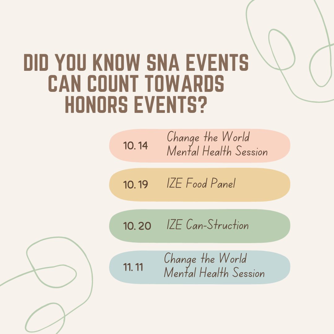 srusna's tweet photo. Are you an honors student? These are just a few of our events that can count as honor events! https://t.co/kvx7E0ttco