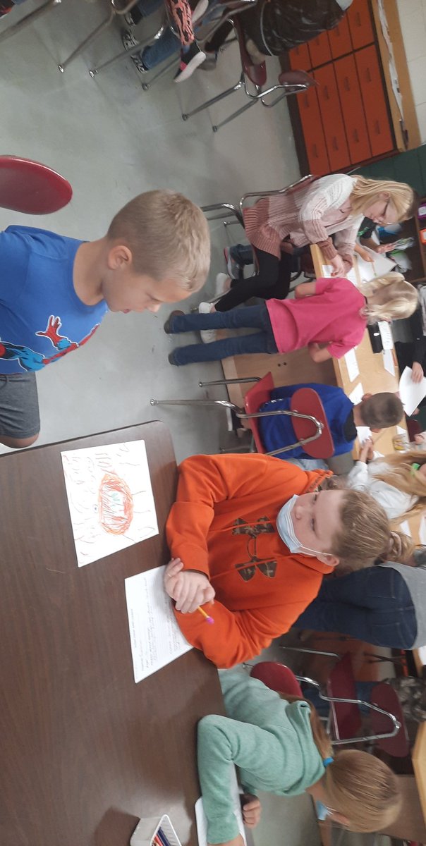 MrsHeddleson's tweet photo. My 5th graders met with some very important clients today. They  will be turning our kindergarteners drawings into stuffed animals. I don't know who is more excited me, the kindergarteners, or the 5th graders. @PrincipalCMill @milliken1997 @MakeITHappen @MakeARTHappen @ZepNation https://t.co/0BKN3RofJf