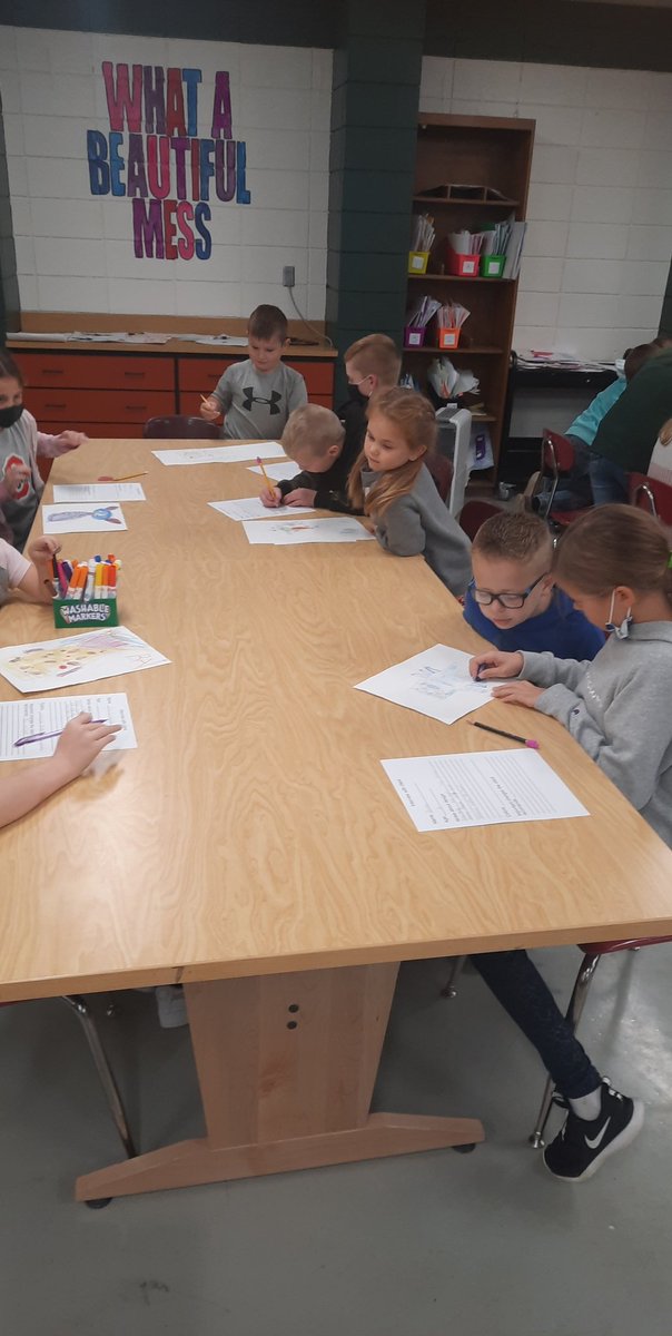 MrsHeddleson's tweet photo. My 5th graders met with some very important clients today. They  will be turning our kindergarteners drawings into stuffed animals. I don't know who is more excited me, the kindergarteners, or the 5th graders. @PrincipalCMill @milliken1997 @MakeITHappen @MakeARTHappen @ZepNation https://t.co/0BKN3RofJf