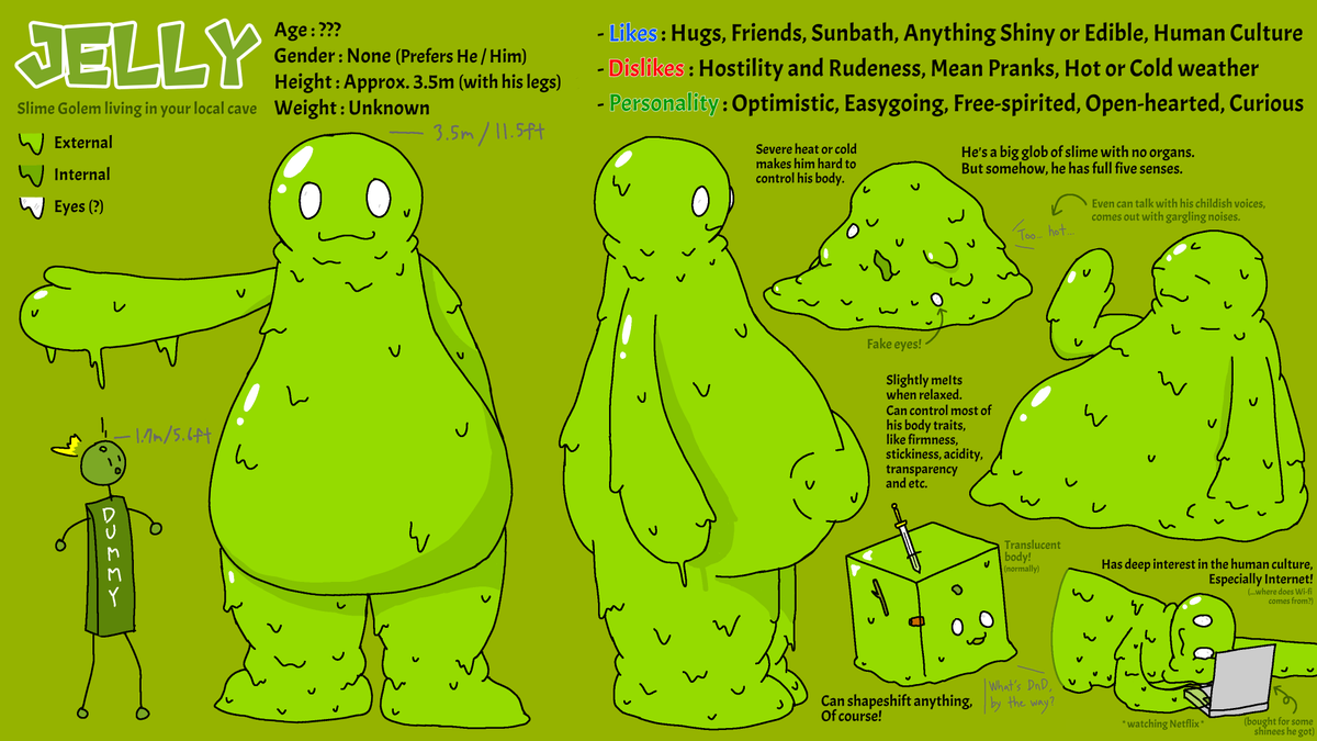 Welp, Hello, Twitter! My name is Jelly, Squishy Slime Golem living in your local town! Here's my Bio :)