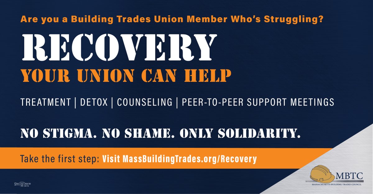 Today we officially launch Massbuildingtrades.org/Recovery

MA Building Trades Union members: Your union and your peers can help your Recovery. Find your union's weekly recovery meeting and make a direct call to your union's recovery leader.

<a href="/SecMartyWalsh/">Secretary Marty Walsh</a>  <a href="/NABTU/">The Building Trades</a>  <a href="/massaflcio/">Massachusetts AFL-CIO</a>