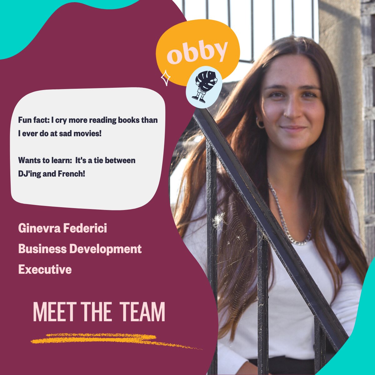 ObbyUK's tweet photo. It's time to introduce another new member of the Obby team! 👋

Ginevra Federici, or Gin for short, is our Business Development Executive. Helping Obby to reach out to potential new teachers, she is a valuable member of the team as we look to increase our outreach across the U.K! https://t.co/nWR2v8WvmT