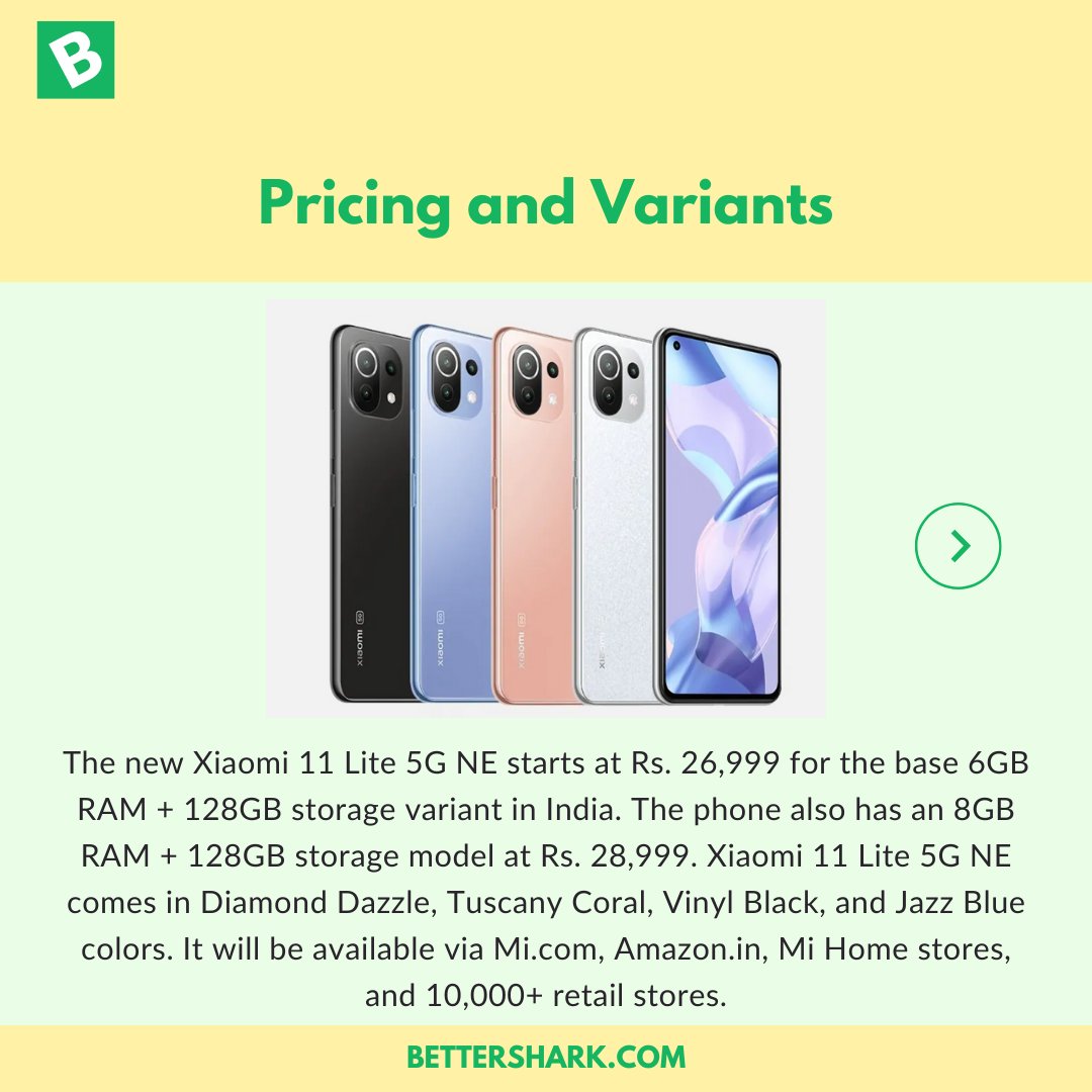 Bettershark's tweet photo. Xiaomi 11 Lite 5G NE was launched in the Indian market on Wednesday. The Xiaomi 11 Lite 5G NE is a variant of the Mi 11 Lite that is already available in the Indian market since June.

Follow us for more updates.

#Bettershark #Mi #Xiaomi https://t.co/cjcJQehvEi