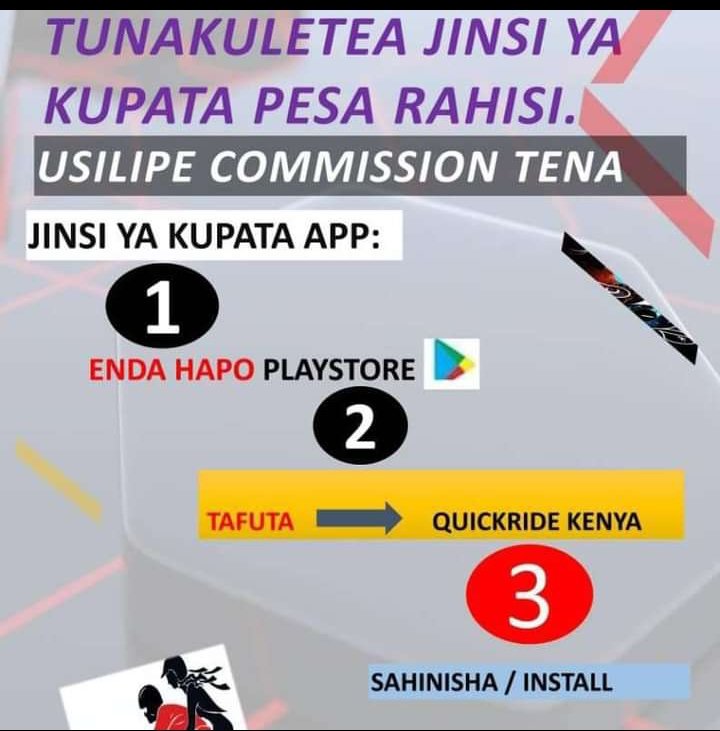 deejaykatta's tweet photo. Just 3 simple important steps to start earning... Subscribe juu hakuna Commission payments
#QuickRideKe https://t.co/fACFGFSmDd