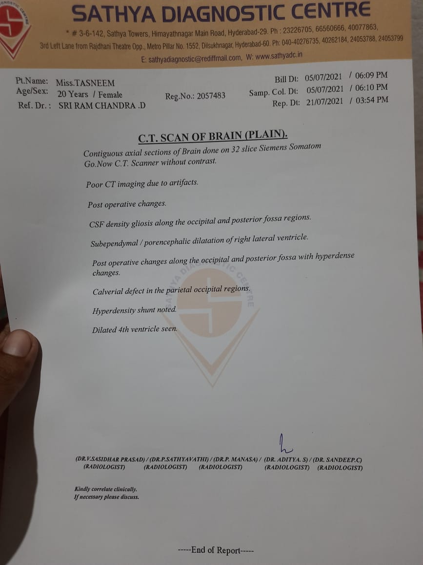 Mdfaraz_'s tweet photo. Hello @KTRTRS sir, Kindly help!

Tasneem D/o Md Ali age 20 years is suffering from brain tumor(Hydrocephalus) &amp; need treatment costing about 1 lakh daily, her parents unable to pay for her treatment anymore. She is treated in Lakhmi neuro hospital, hyderguda.

Phone : 78938 51553 https://t.co/MggCnaQ6Iv
