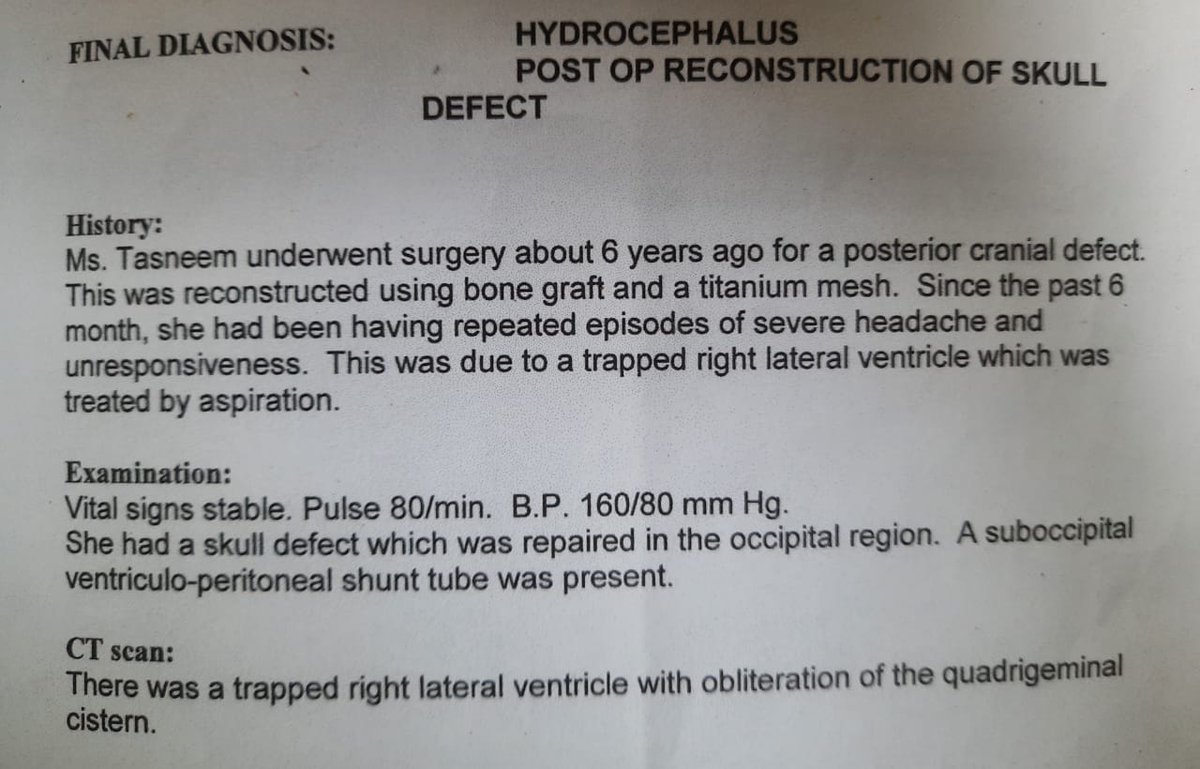 Mdfaraz_'s tweet photo. Hello @KTRTRS sir, Kindly help!

Tasneem D/o Md Ali age 20 years is suffering from brain tumor(Hydrocephalus) &amp; need treatment costing about 1 lakh daily, her parents unable to pay for her treatment anymore. She is treated in Lakhmi neuro hospital, hyderguda.

Phone : 78938 51553 https://t.co/MggCnaQ6Iv