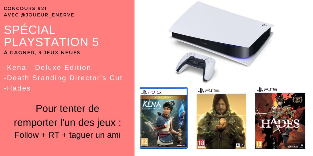 Joueur_enerve's tweet image. C'est la reprise ! Voici le #Concours n°21 ! Comme je suis de bonne humeur j'ai décidé de commencer avec la #PS5 et 2 ou 3 bricoles qui pourraient vous plaire😁 Jeux physiques à gagner, pas de codes ! TAS : 13/10 à minuit. Pour participer : follow + RT + taguer un ami.