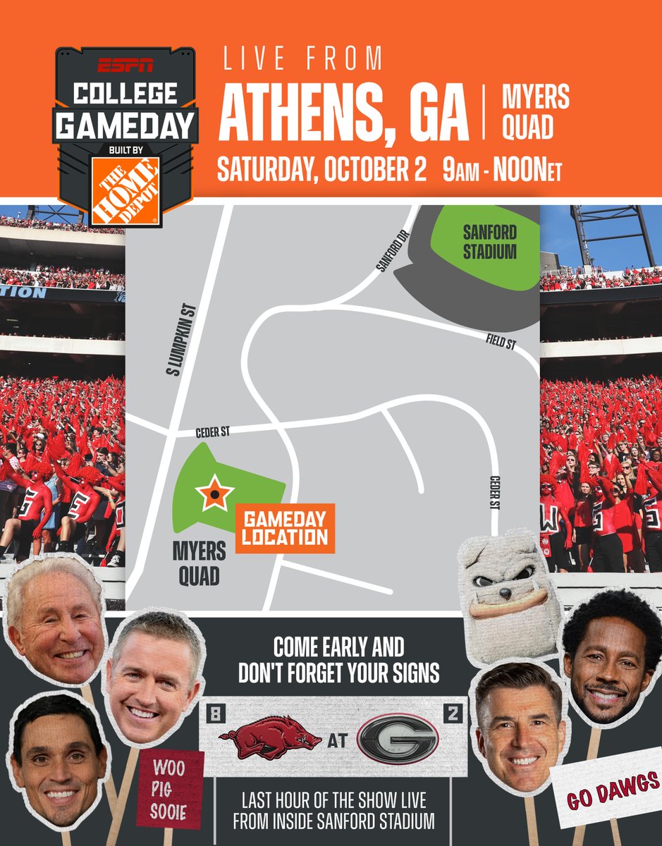 CollegeGameDay's tweet image. No better way to start your game day 😎
Join us in Myers Quad ahead of @RazorbackFB vs. @GeorgiaFootball on Saturday starting at 9 AM ET 🍿