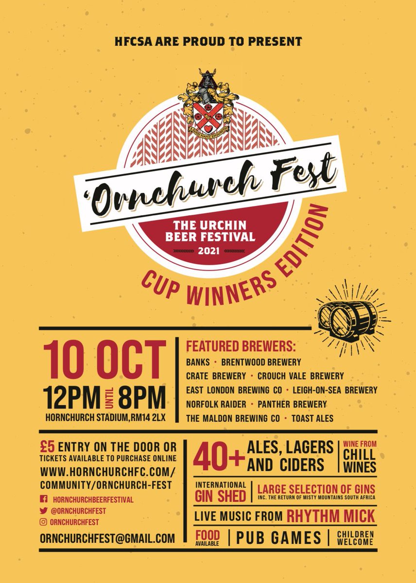 HornchurchFC's tweet photo. @OrnchurchFest 2021. 

The date is almost upon us. Only 11 days to go.

Live singers, music, games and various types of alcohol. See the poster for full details and hopefully see you all next Sunday 10th October. https://t.co/vxKdCEWdGB