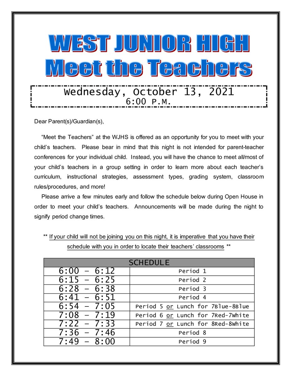 PMWJHS's tweet photo. WJHS Meet the Teacher Night takes place on Wednesday, Oct. 13th, beginning at 6PM!  If you are attending without your child, please have a copy of their class schedule so you can follow their day.  See flyer for more info! https://t.co/UYQFHbS3nt