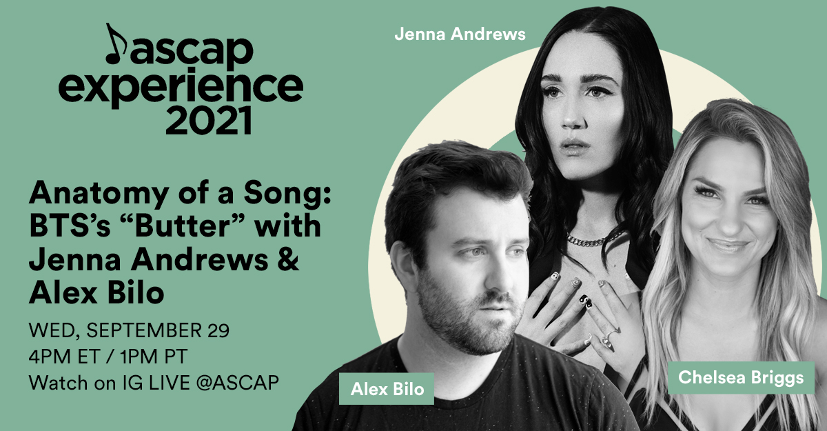 ASCAP's tweet photo. Join us TODAY on Instagram for an in-depth conversation with @TheJennaAndrews and Alex Bilo, two of the architects of #BTS’s record-melting hit single “Butter”!
 
Hosted by @chelsea_briggs @ 4PM ET / 1PM PT. 

Follow us on IG to watch > https://t.co/0Y5YD5PBca https://t.co/ULHM7IjFdC