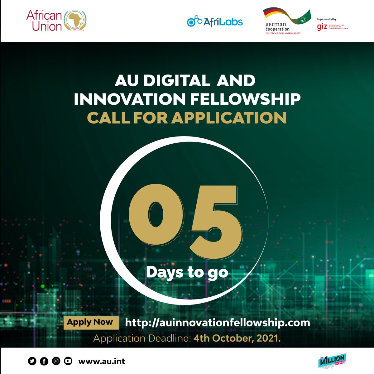 AUYouthProgram's tweet photo. Have you applied for the AU Digital and Innovation Fellowship Program? We're looking for the brightest tech minds for a 12 month Fellowship at the AU. 
#1mBy2021 #AUTechFellowship

Apply here: https://t.co/6Vgzq8OeiJ https://t.co/t9SX31DN8E