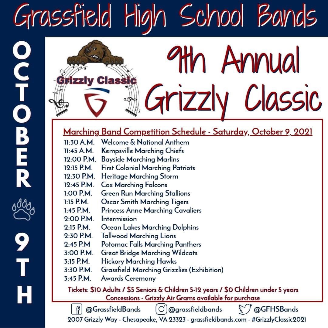 EvaCarterCVT's tweet photo. 10 more days til Grizzly Classic! Come out to see their shows all in one stadium! #marchingband #gfhs #grassfieldhighschool #cpschools #cityofchesapeake #virginia #grassfieldbands https://t.co/OVmrUNaHrN