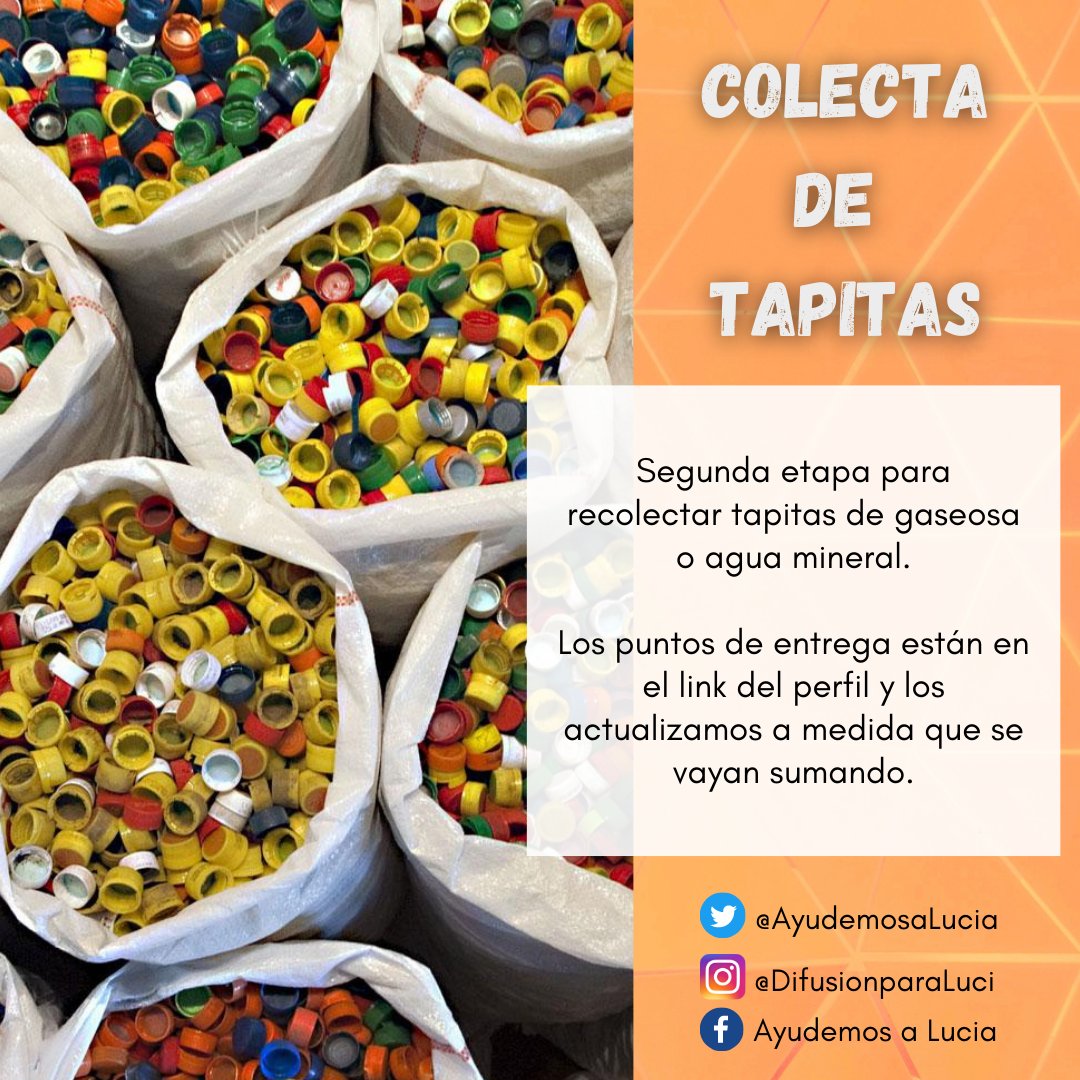 Comenzamos la segunda etapa para recolectar tapitas de gaseosa o agua mineral y poder ayudar a que Lu se opere❤
✔Punto de entrega: Sociedad Italiana de Remedios de Escalada en Av. Rosales 650 Lun, mie y vie de 14 a 19 hs.
❕Lugares que recolectan: bit.ly/tapaayuLu