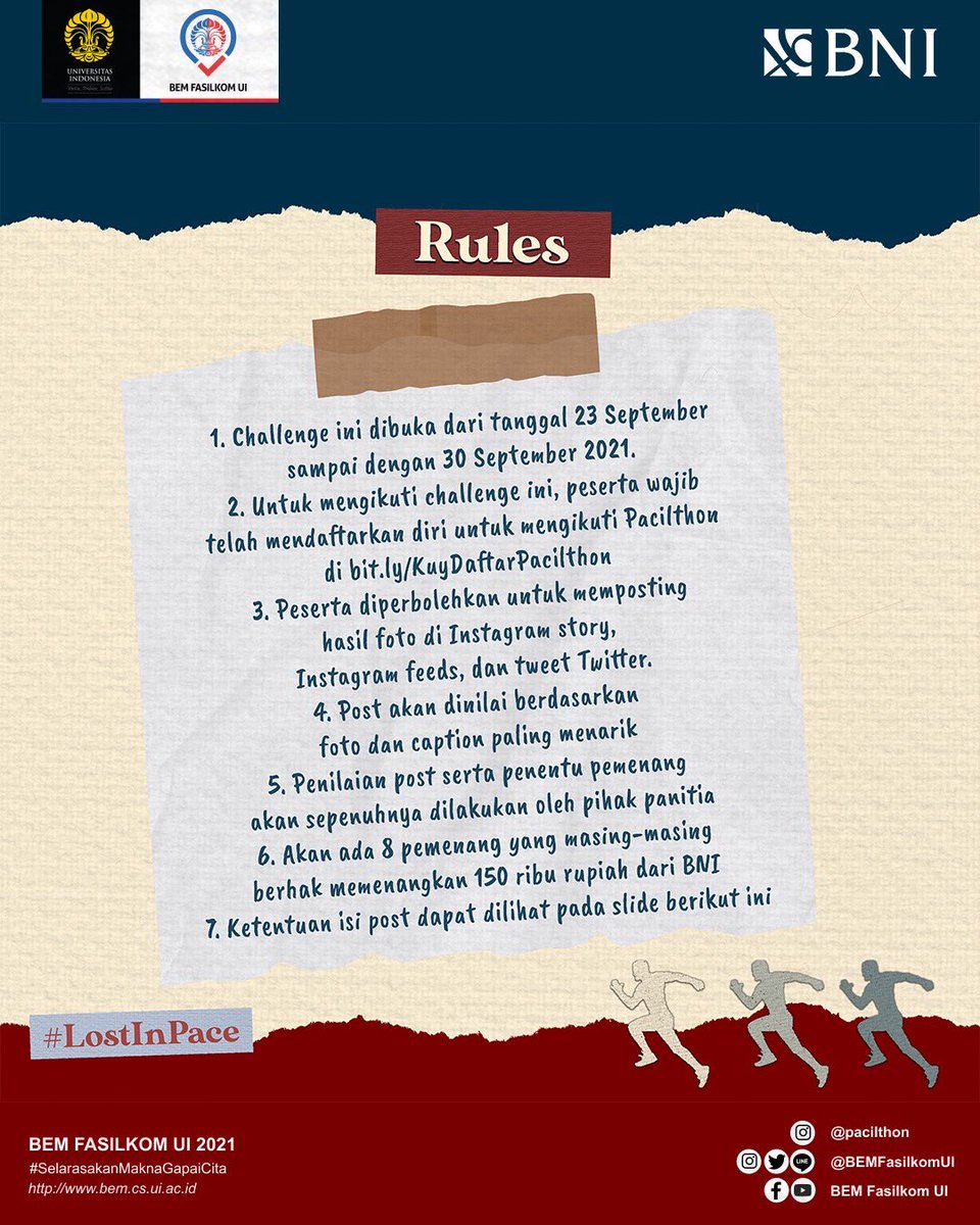 KontingenCSUI's tweet photo. 💰[PACILTHON BAGI-BAGI DUIT LAGI?]💰

Halo! Kita punya kejutan lagi nih buat para Pacilthon runners!

Challenge #2 PacilthonXBNI telah dibuka! 🥳 Yuk langsung aja cek postingan ini untuk lebih tau tentang syarat dan ketentuan challenge-nya!

#LostInPace
Pacilthon 2021 https://t.co/b2EWgJlkvc