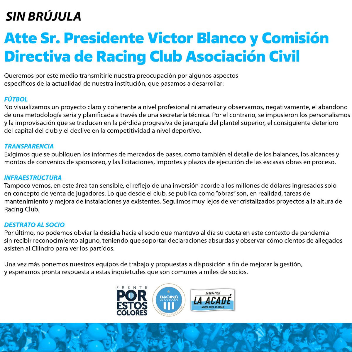 📢📢 Comunicado oficial de los frentes opositores📢📢

El mismo será presentado en la mesa de entrada del club.