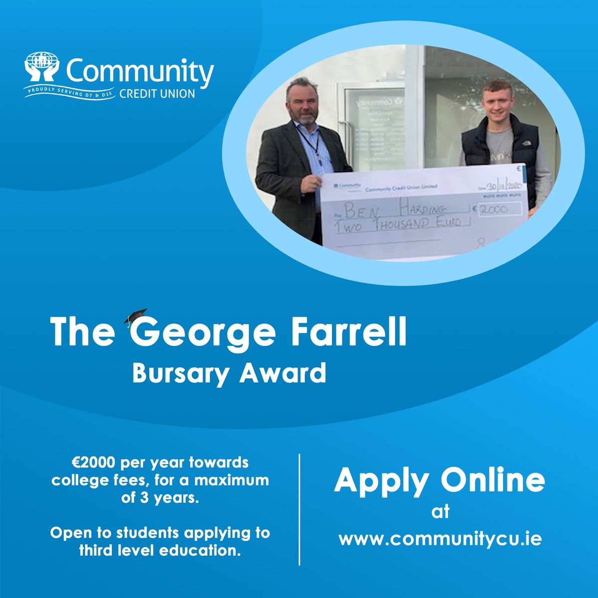 Community_CU's tweet image. The George Farrell Bursary Award 📚

Pictured below is Ben, our 2020 Award winner. He will receive €2000 per year towards his college fees, for three years!

Could you be the recipient of this Bursary in 2021?

Apply online!

#Community #CreditUnion #Bursary #Award #Education
