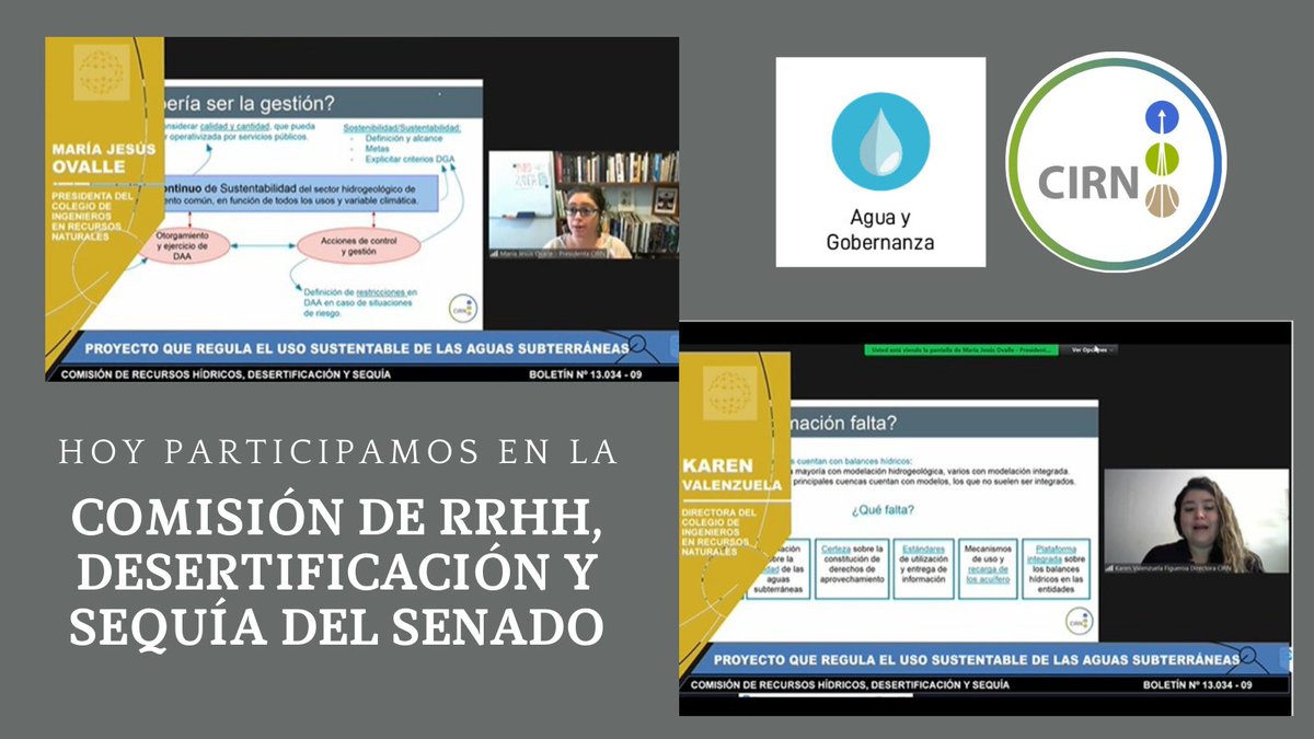 CIRN_AG's tweet photo. Excelentes aportes de nuestra Presidenta @mj_ovalle y Directora @Karenvvf a la comisión de RRHH sobre la #sustentabilidad de las #aguas subterráneas. 

#codigodeagua #agua #subterranea #Senado #Chile #comisiones #recursos #hidricos #desertificación #sequia https://t.co/sGYDC832ZS